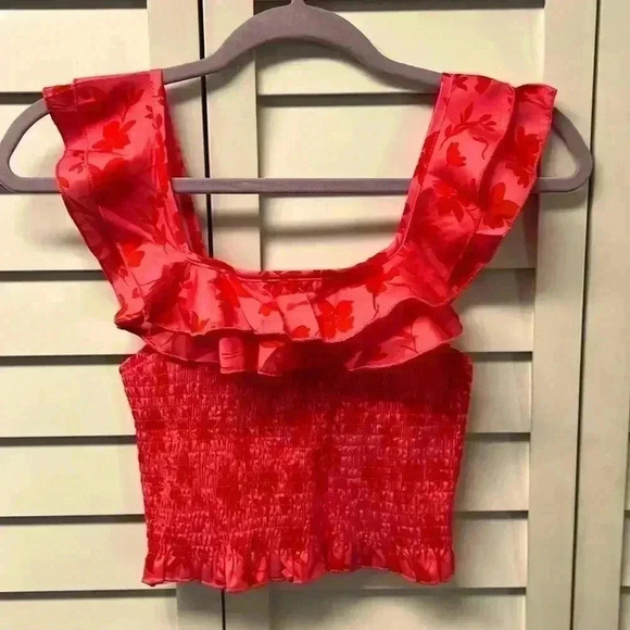 SHEIN Smocked Ruffle Crop Top Size Medium Red & Pink - Picture 1 of 4